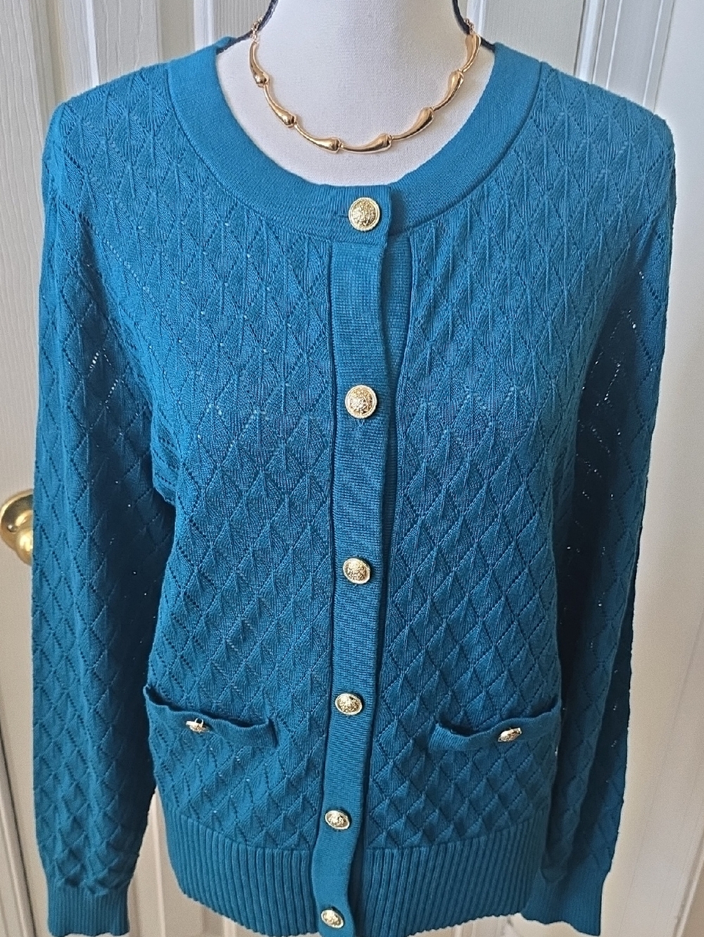 Liz Claiborne Brand Women's Plus Teal Diamond-Knit Button Cardigan Sweater 0X